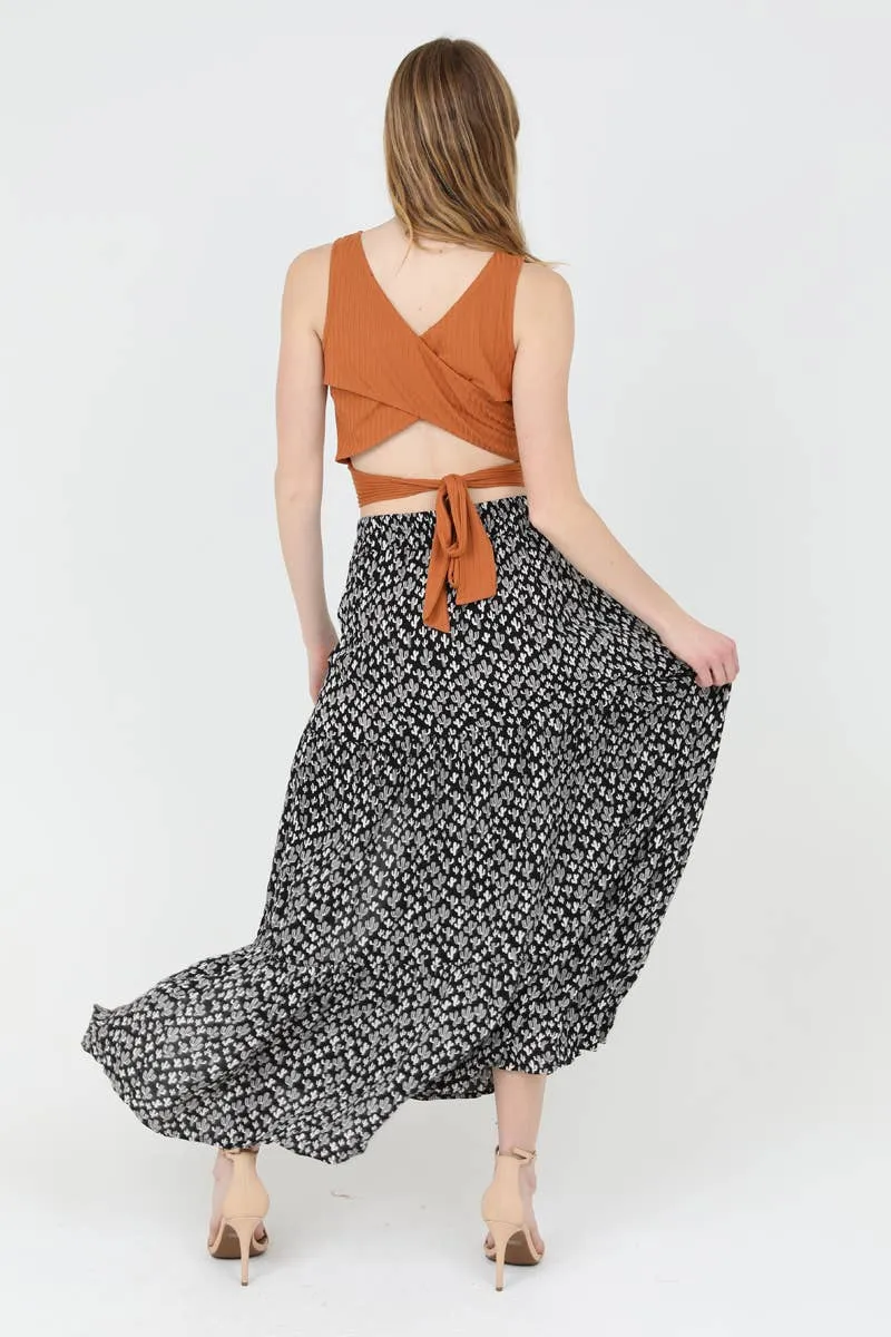 ANGIE's Cactus Print Elastic Waist Maxi Skirt with Slit