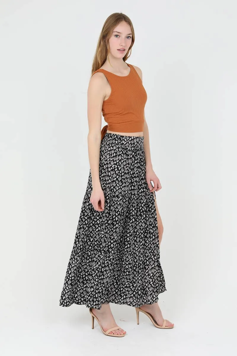 ANGIE's Cactus Print Elastic Waist Maxi Skirt with Slit