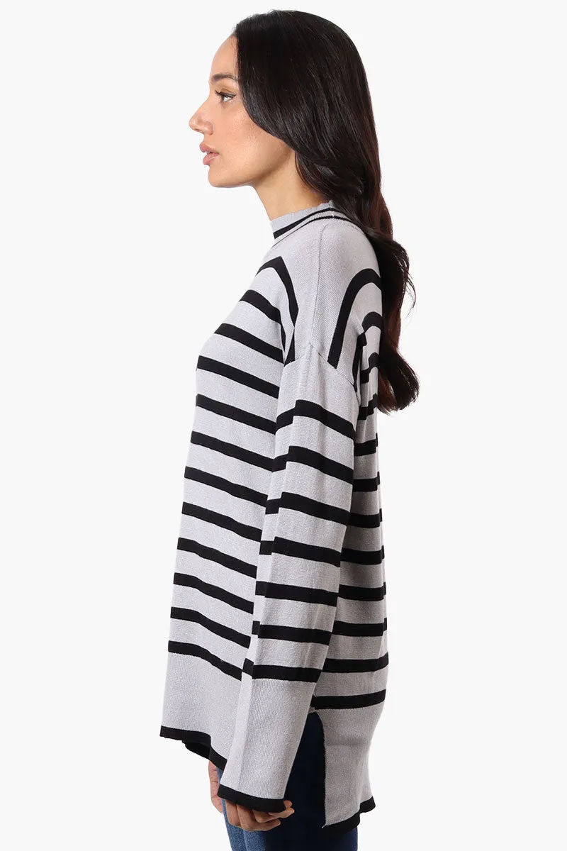Beechers Brook Striped Mock Neck Pullover Sweater - Grey