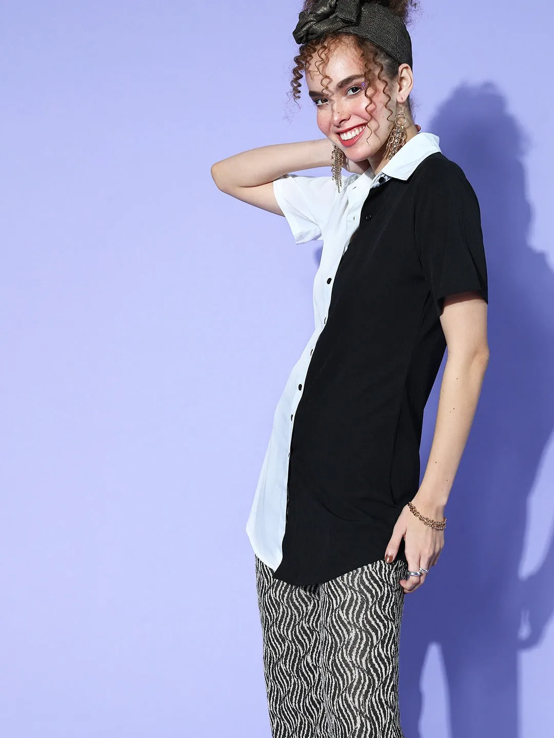 Berrylush Women Solid White & Black Colourblocked Collar Neck Front Button Lined Shirt Top