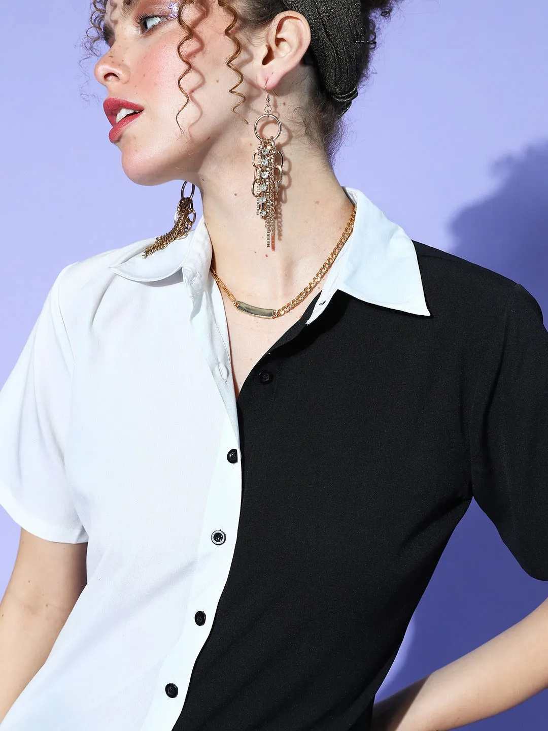 Berrylush Women Solid White & Black Colourblocked Collar Neck Front Button Lined Shirt Top