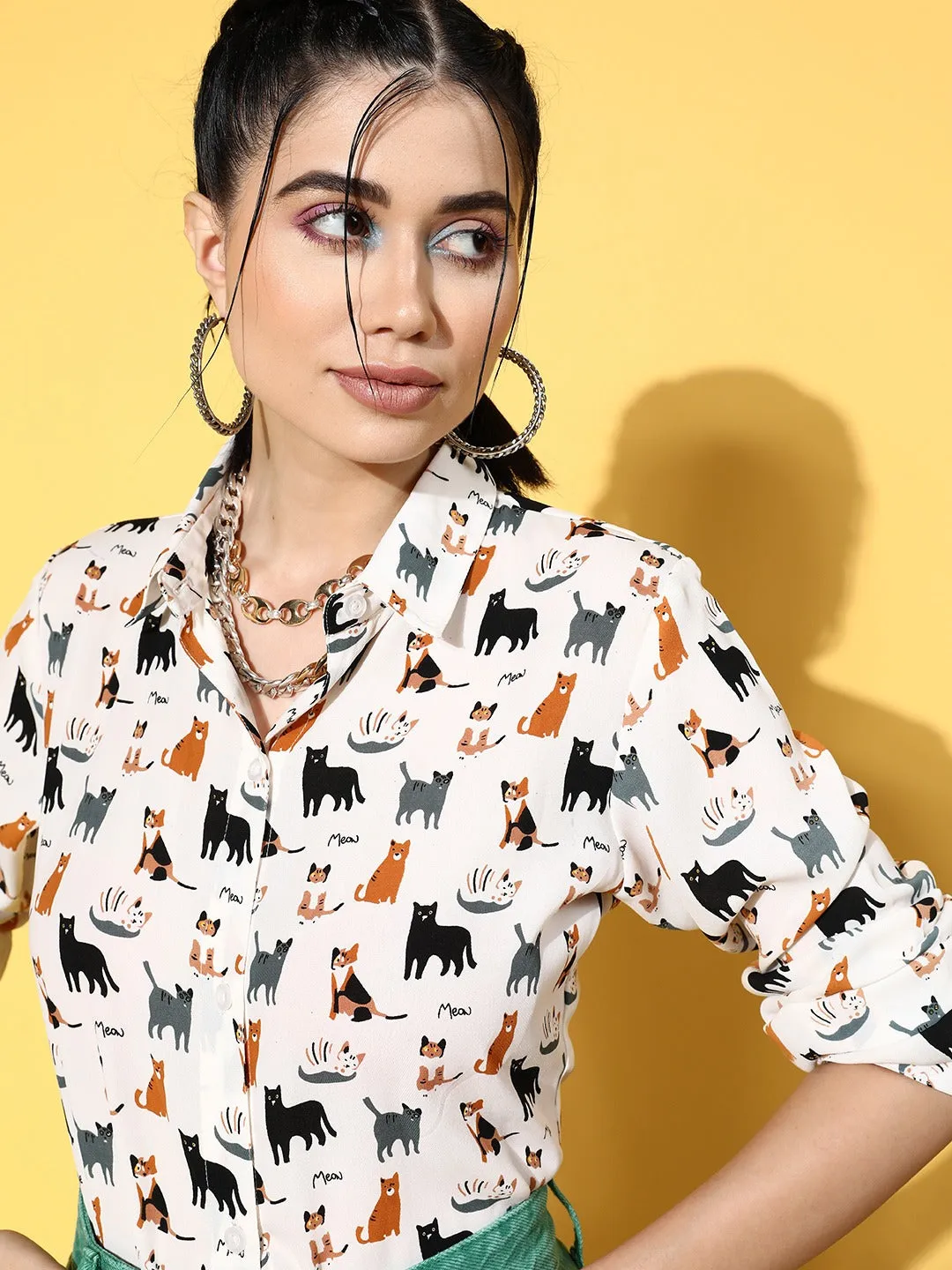Berrylush Women White & Black Cat Print Spread Collar Neck Front Button-Up Straight Hem Regular Shirt