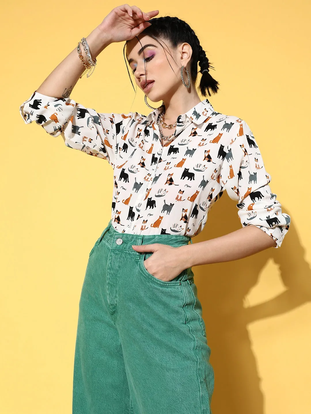 Berrylush Women White & Black Cat Print Spread Collar Neck Front Button-Up Straight Hem Regular Shirt