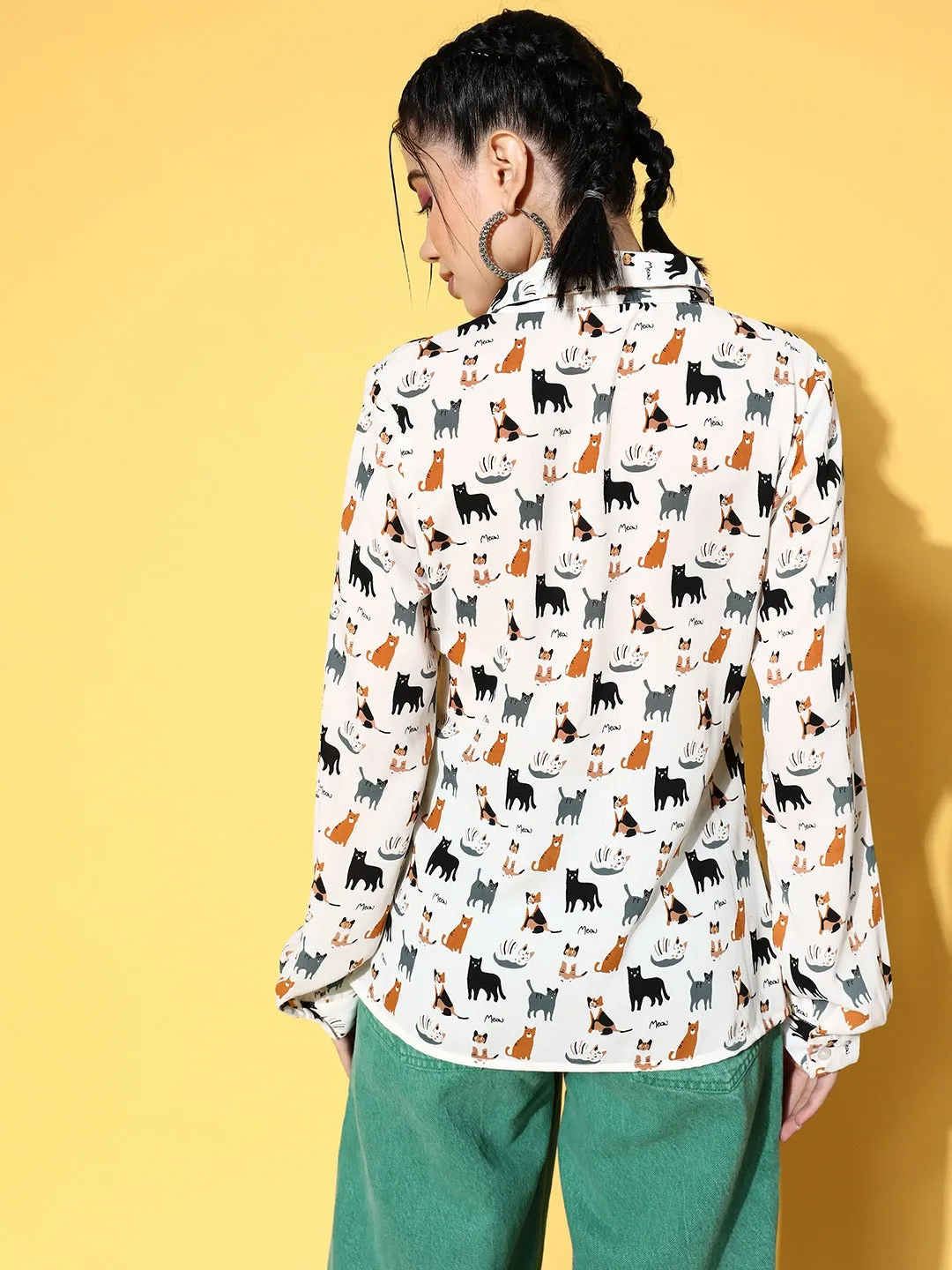 Berrylush Women White & Black Cat Print Spread Collar Neck Front Button-Up Straight Hem Regular Shirt