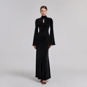 Black High Neck Flared Sleeve Velvet Dress