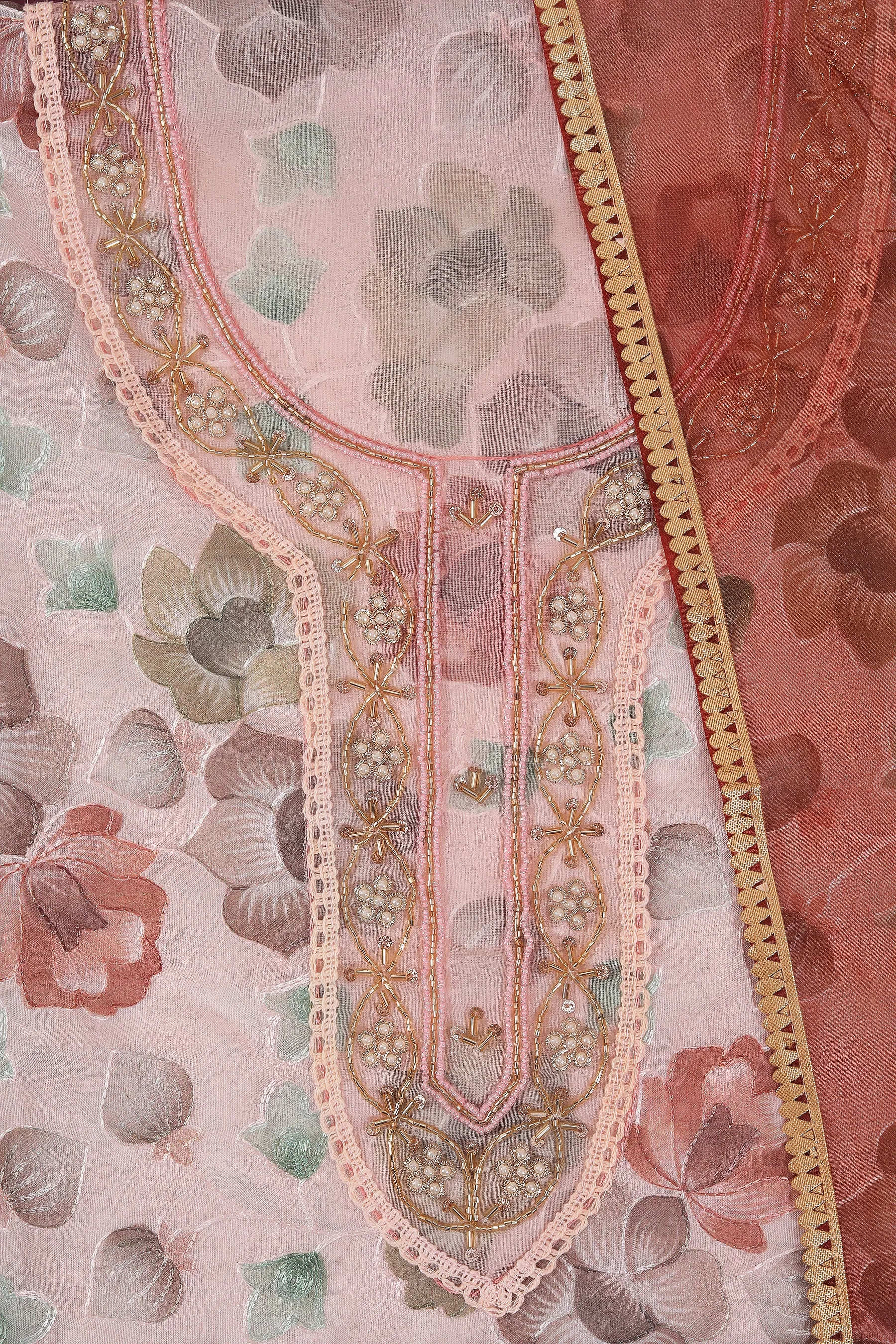 Brown Embellished Woven Design Organza Dress Material	With Dupatta
