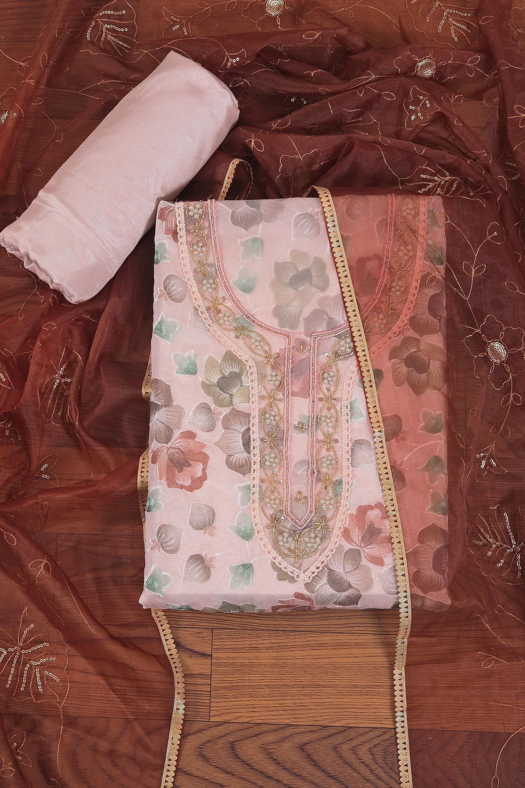 Brown Embellished Woven Design Organza Dress Material	With Dupatta