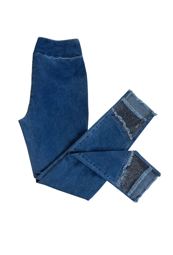 Ethyl Mid Wash Pull On Ankle Jeans w/ Bling