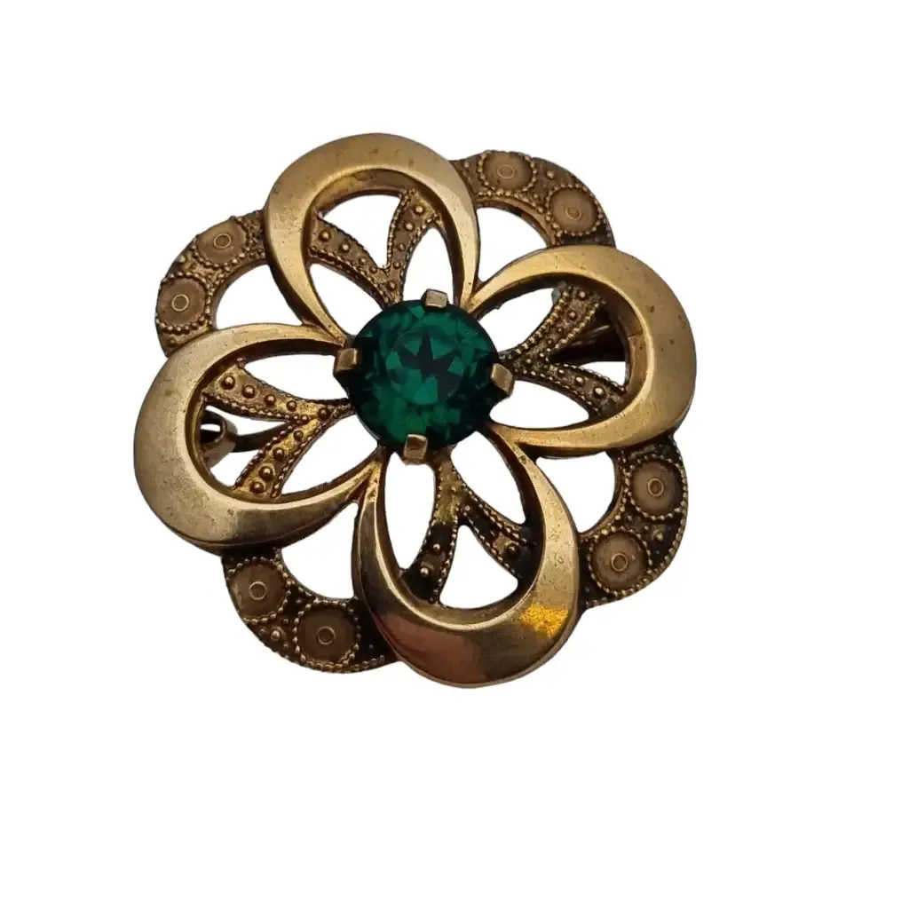 Gold vintage round brooch with green stone for women, gold button.