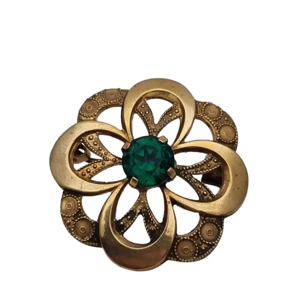 Gold vintage round brooch with green stone for women, gold button.