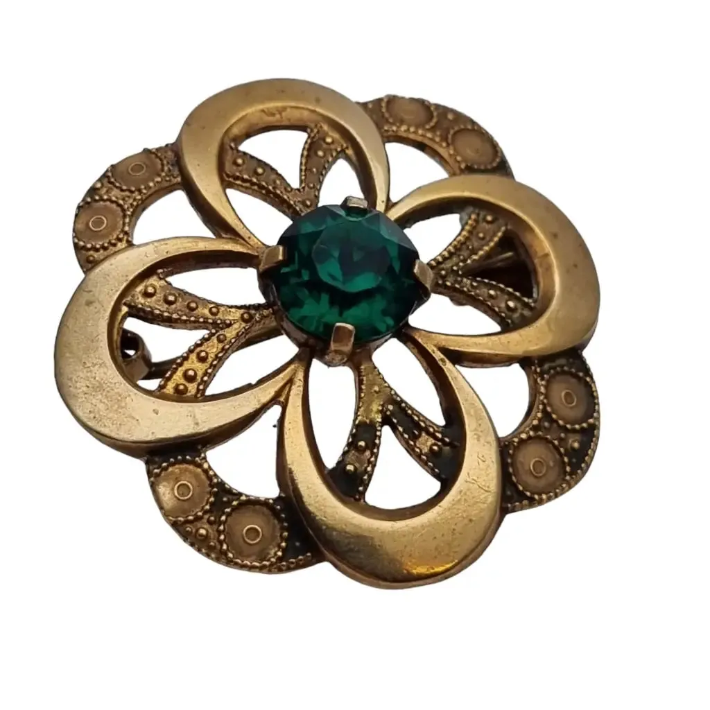 Gold vintage round brooch with green stone for women, gold button.