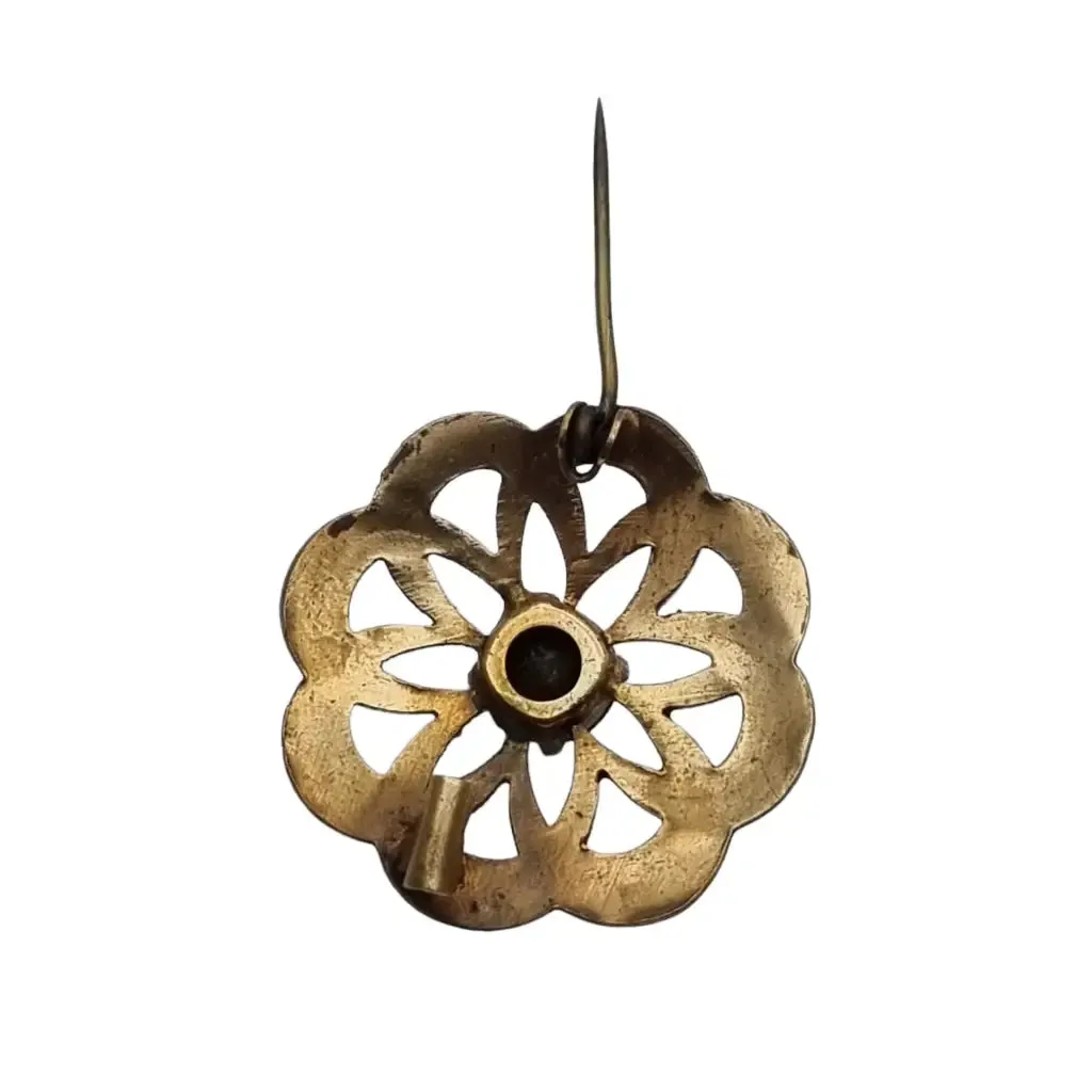 Gold vintage round brooch with green stone for women, gold button.