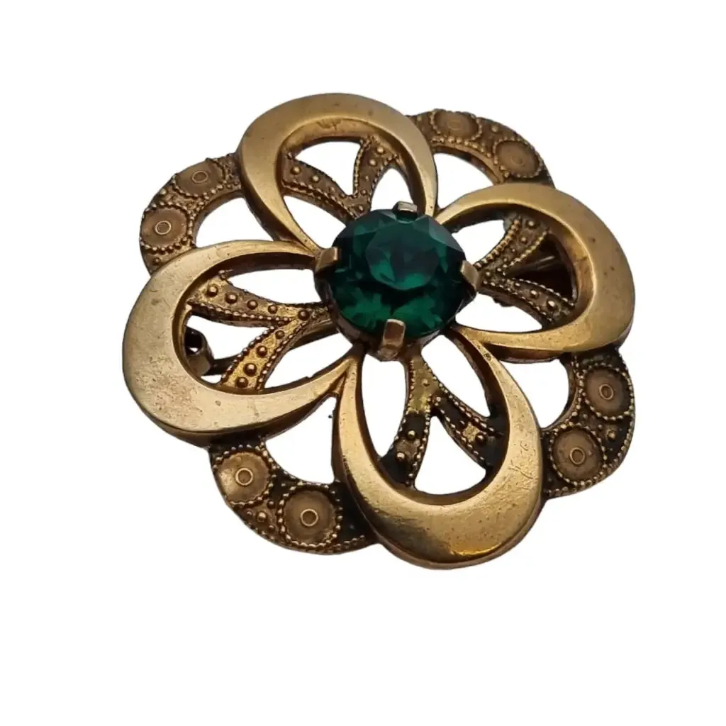 Gold vintage round brooch with green stone for women, gold button.