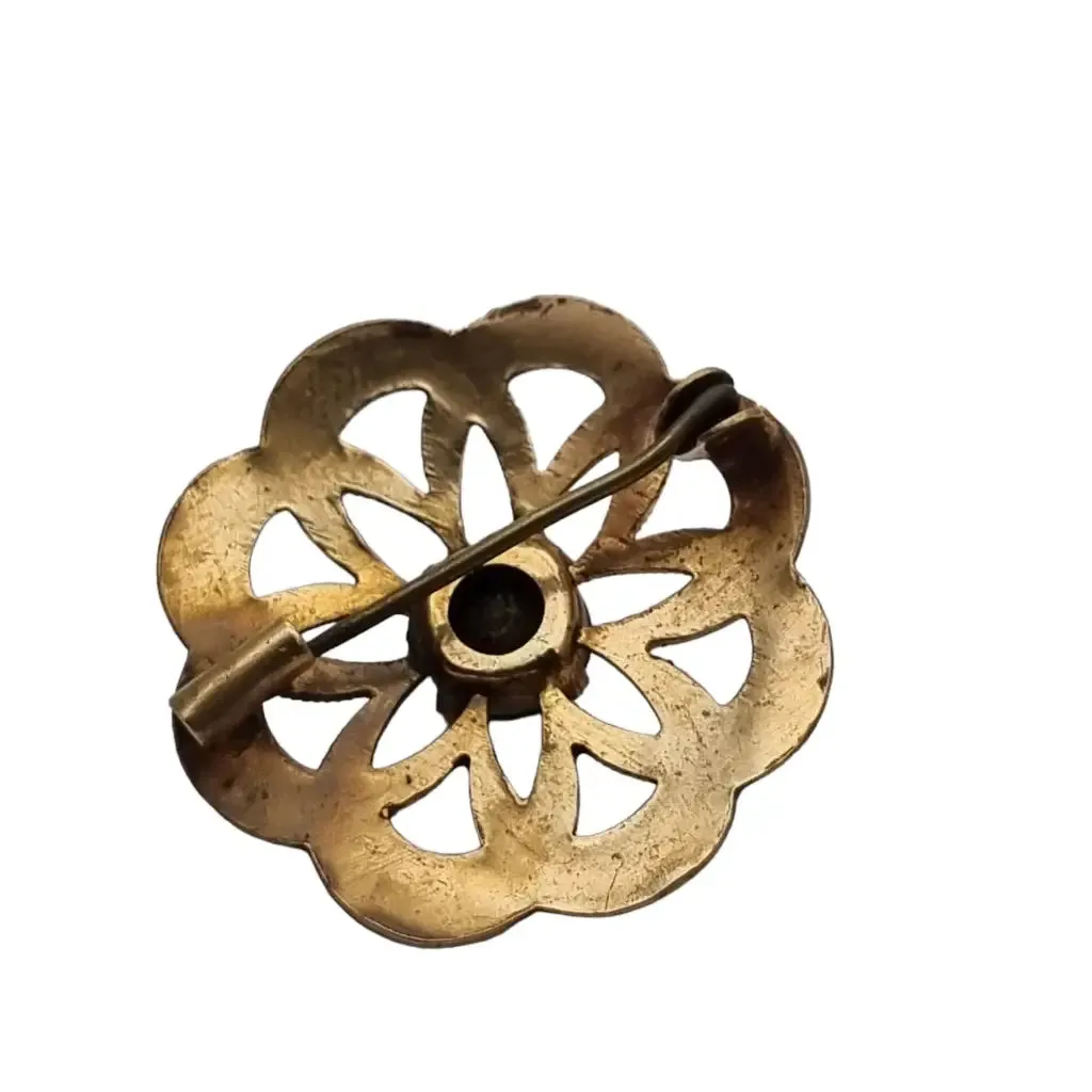 Gold vintage round brooch with green stone for women, gold button.