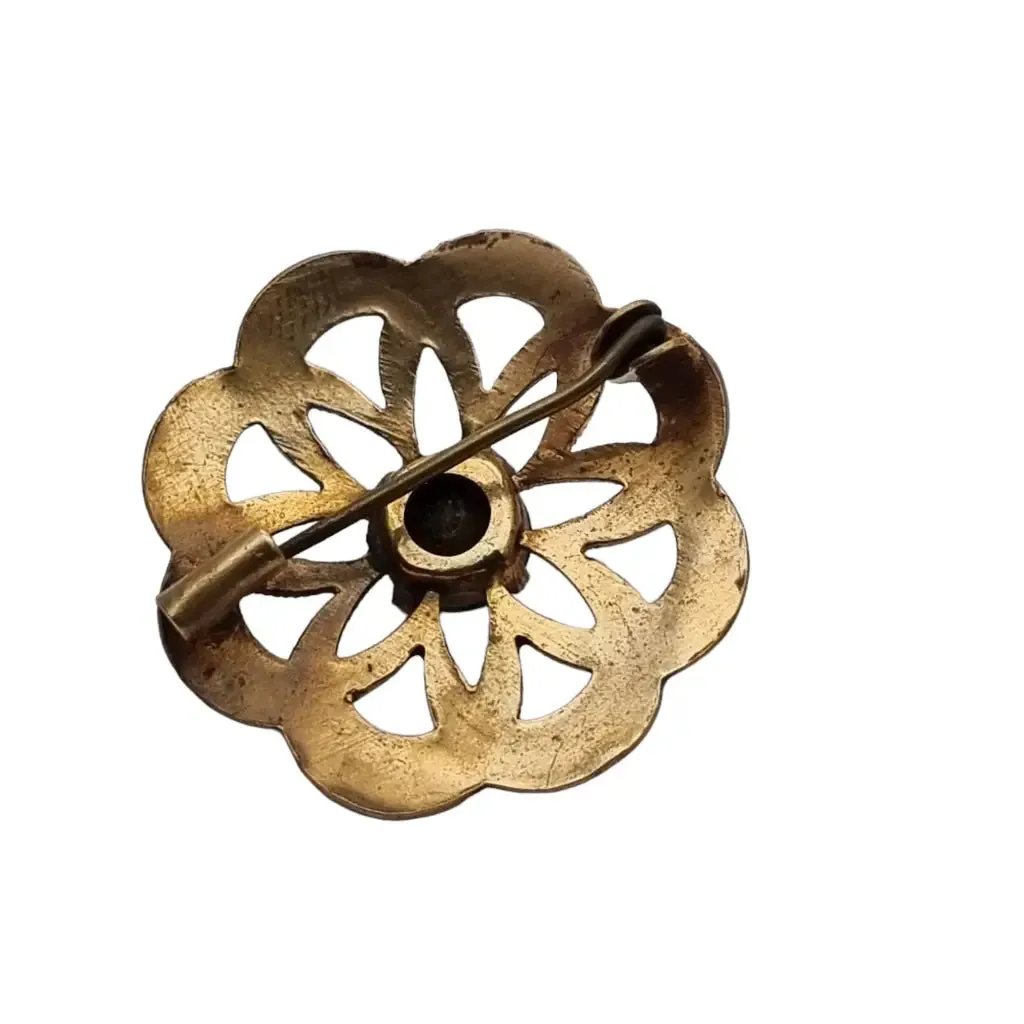 Gold vintage round brooch with green stone for women, gold button.