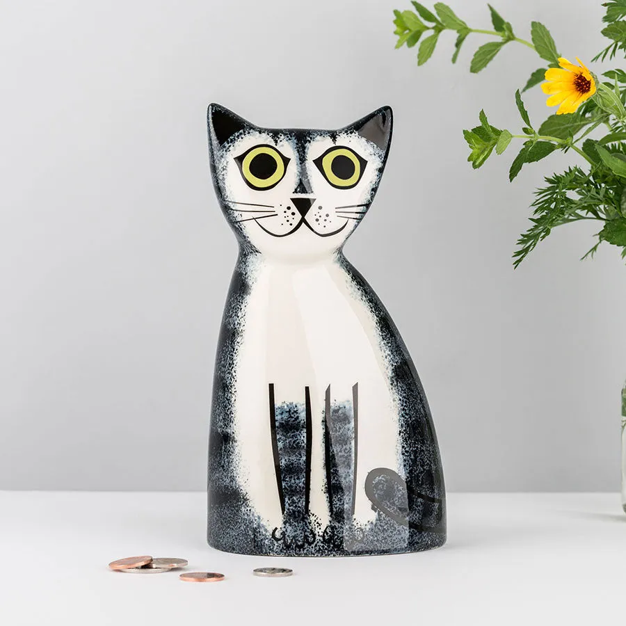 Handmade Ceramic Grey Tabby Cat Money Box
