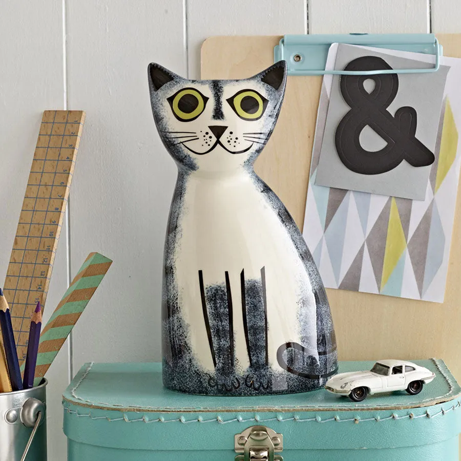 Handmade Ceramic Grey Tabby Cat Money Box