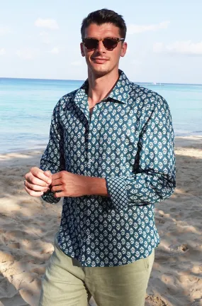 Men's Printed Cotton Shirt | Star Fern Teal/White