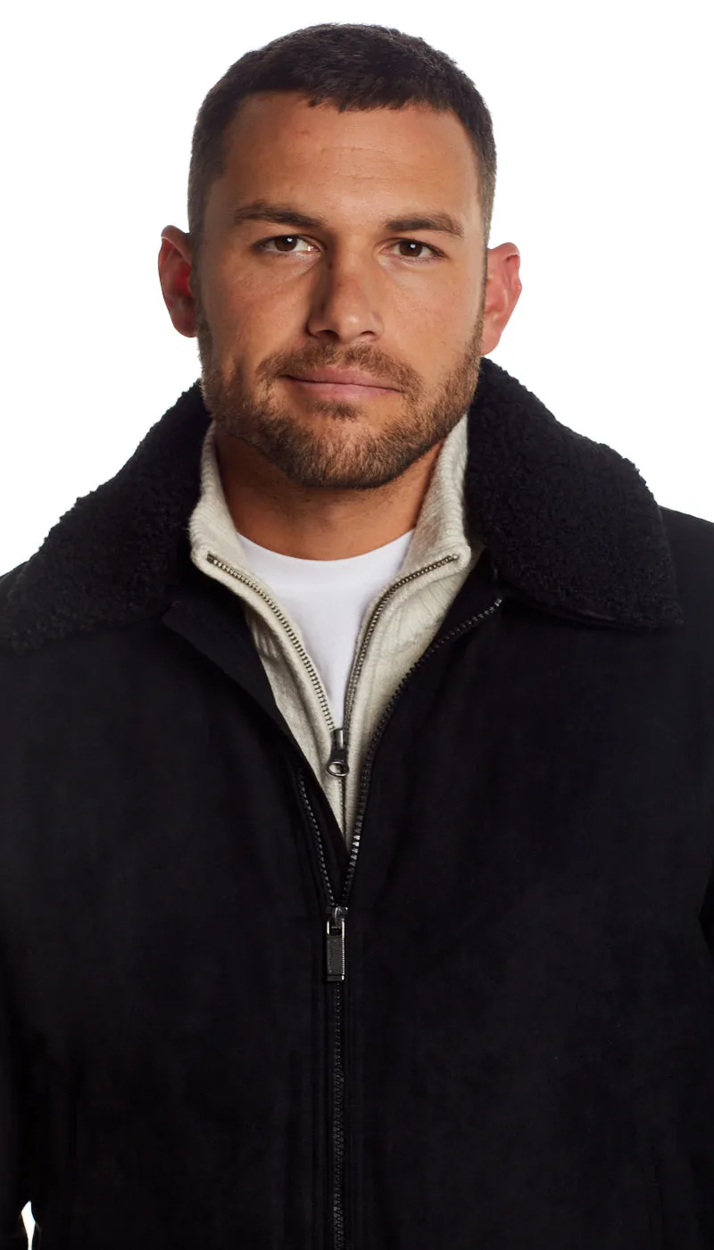 MICRO SUEDE BOMBER JACKET WITH FAUX FUR COLLAR