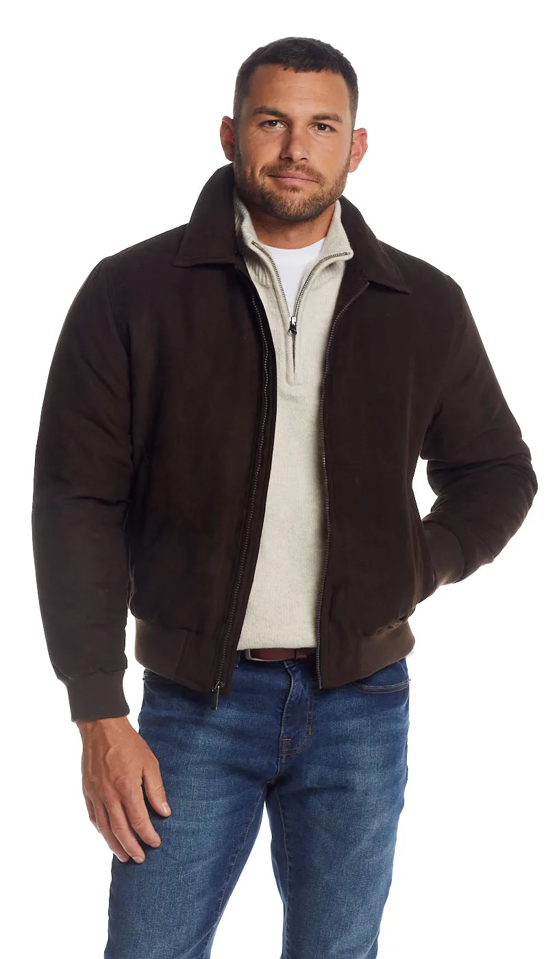 MICRO SUEDE BOMBER JACKET WITH FAUX FUR COLLAR