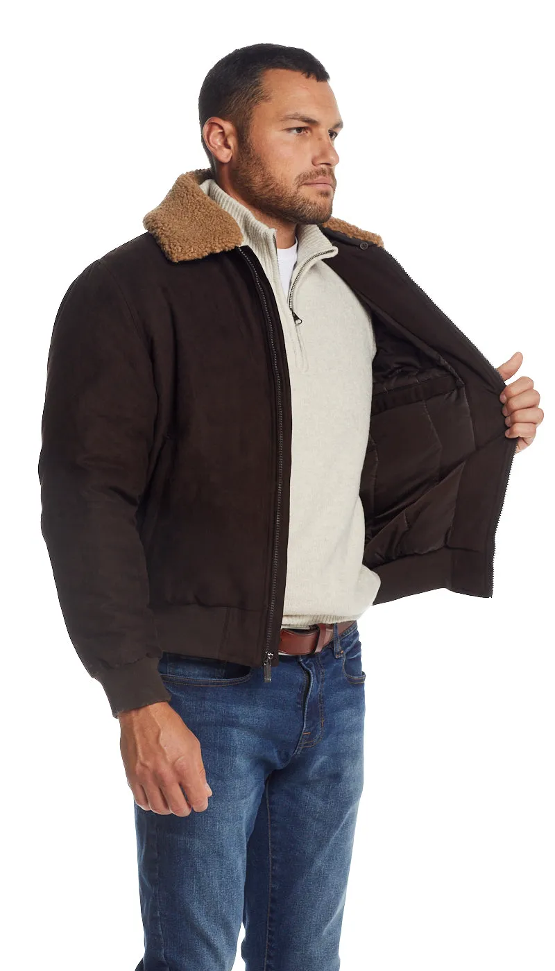 MICRO SUEDE BOMBER JACKET WITH FAUX FUR COLLAR