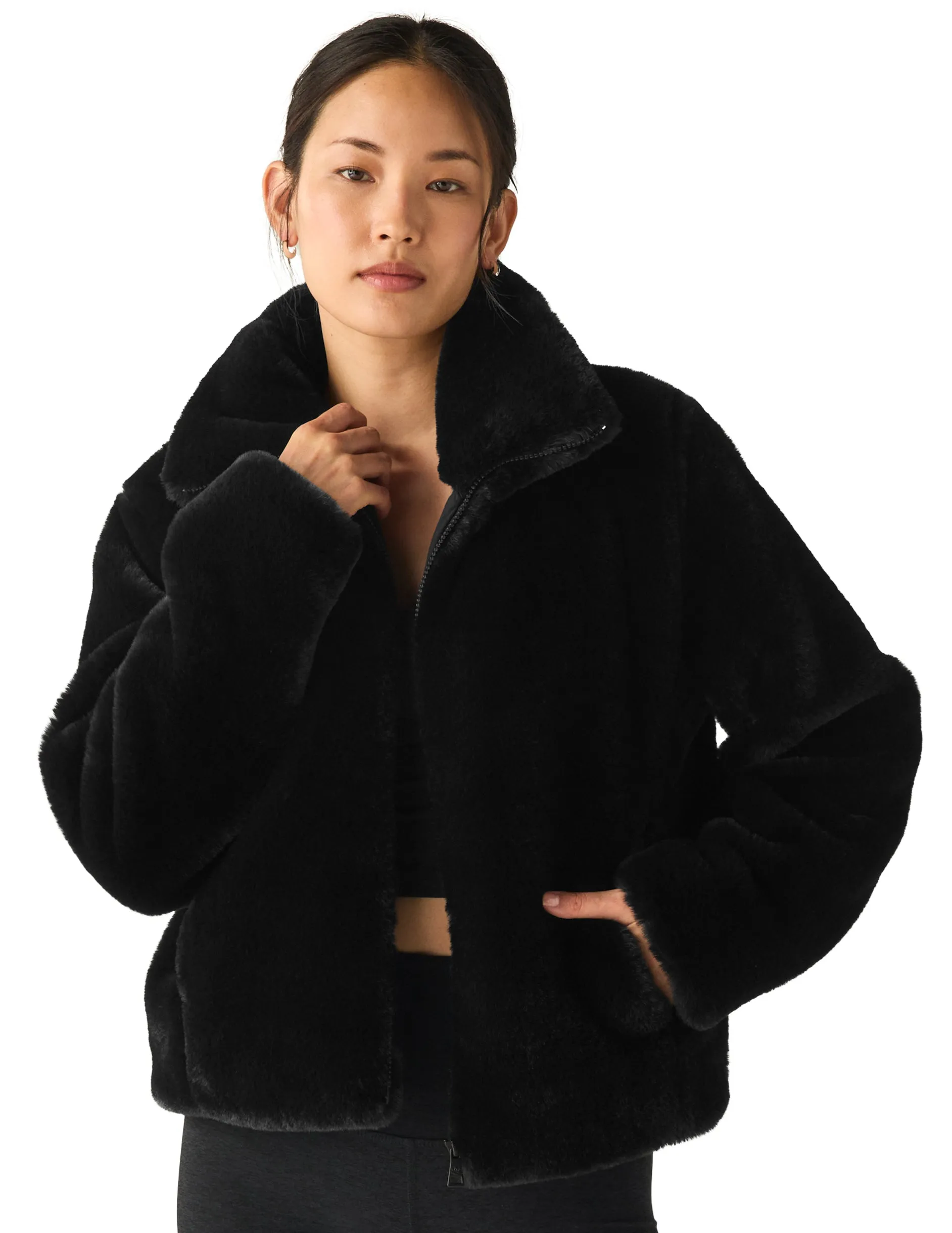 SALE BEYOND YOGA ON THE LIST FAUX FUR JACKET BLACK FINAL SALE