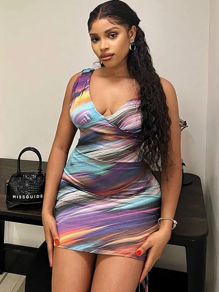 Sleeveless Tie Dye Bodycon Mini Dresses