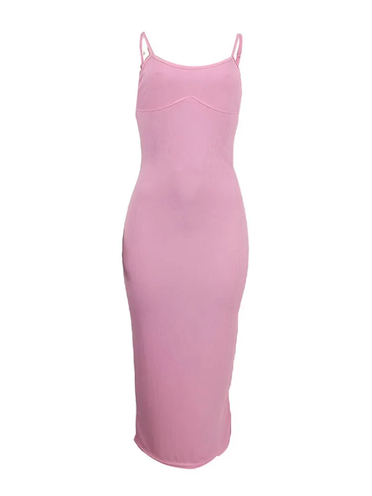 Spaghetti Strap Solid Split Bodycon Midi Dress