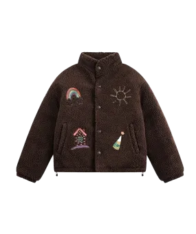 Stand Collar Funny Embroidery Fur Coat