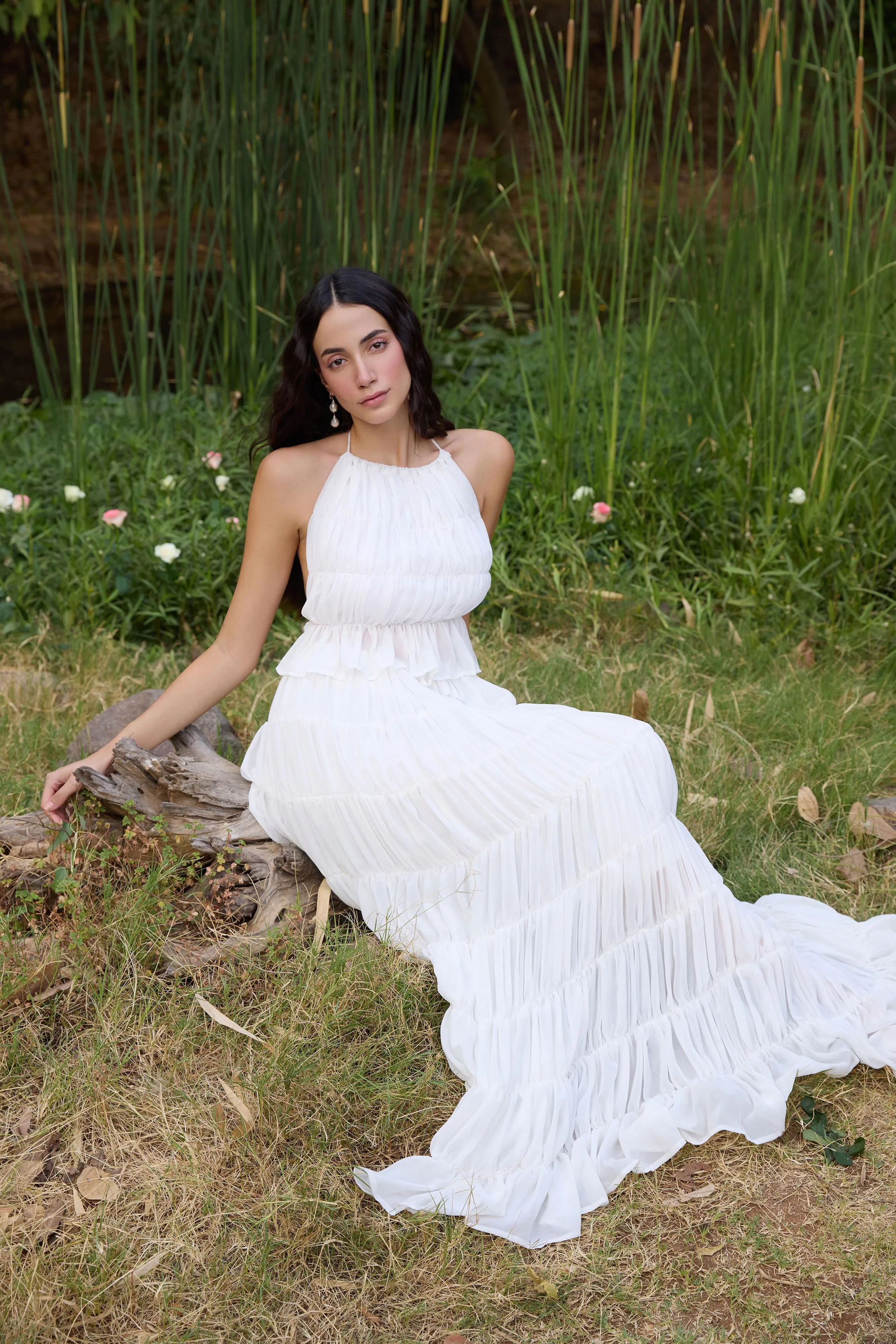 White Gathered Maxi Skirt