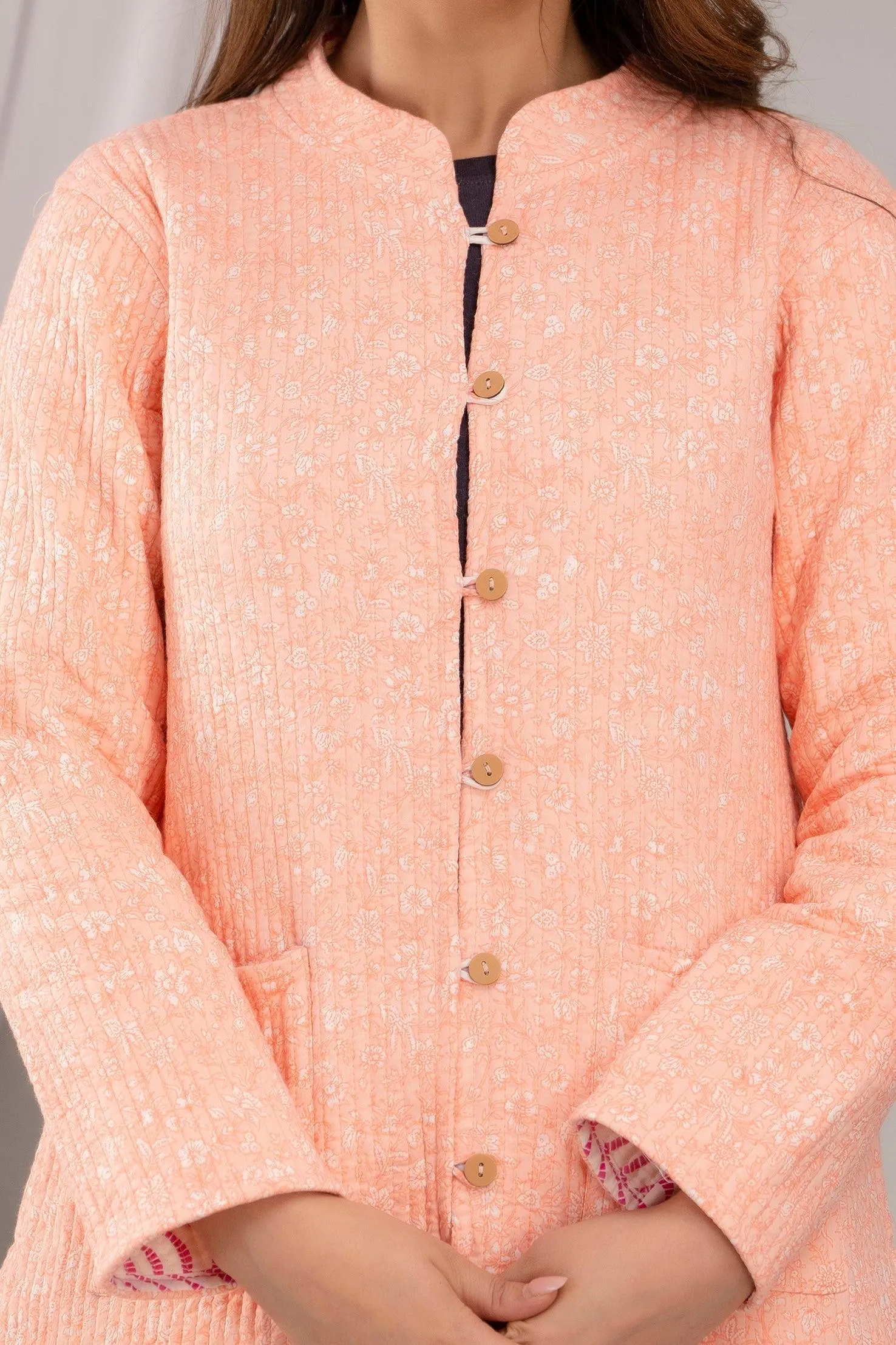 Women Printed Lightweight Cotton Quilted Peach Jacket - SHKL1020