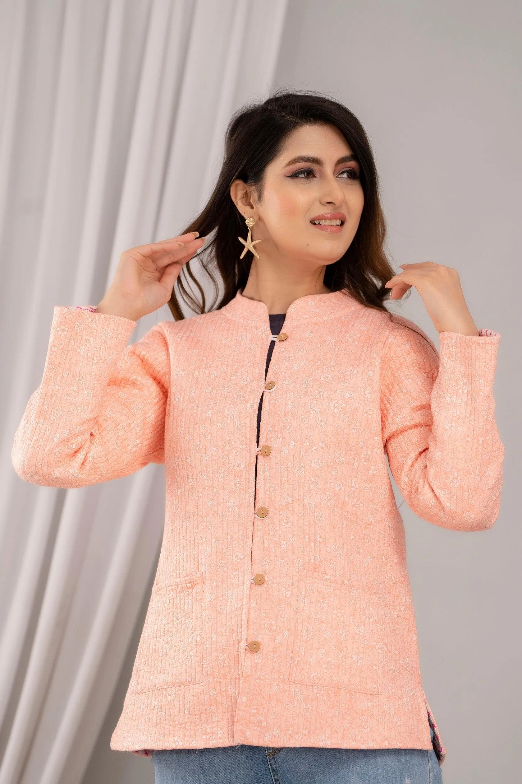 Women Printed Lightweight Cotton Quilted Peach Jacket - SHKL1020