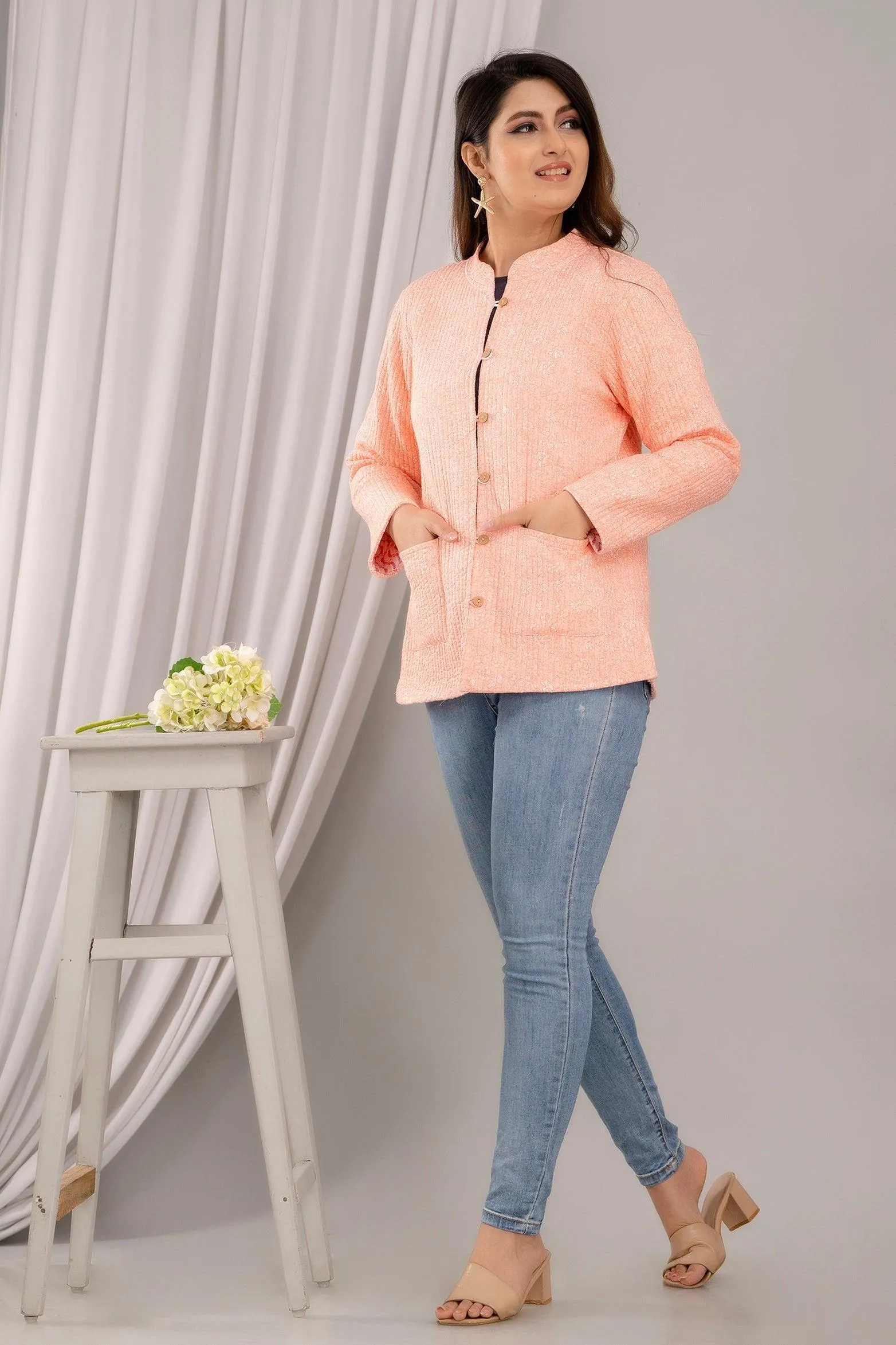 Women Printed Lightweight Cotton Quilted Peach Jacket - SHKL1020