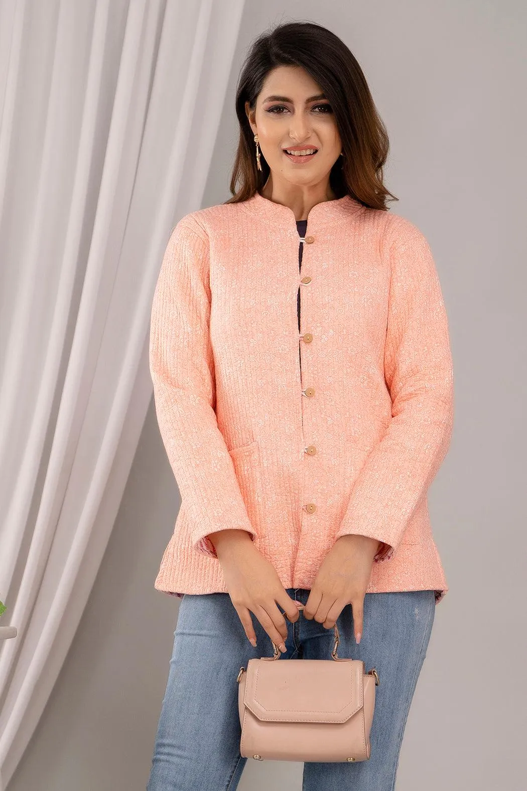 Women Printed Lightweight Cotton Quilted Peach Jacket - SHKL1020