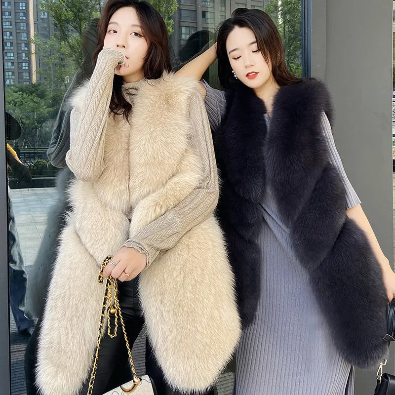 Women's Sleeveless Jacket Artificial Fur Coat Winter Korean Fashion Female Waistcoats Outerwear Warm Long Faux Fur Vest Oversize