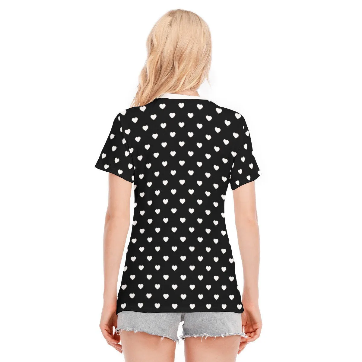 Womens T-shirt, Heart Polka Dot Top,Polka Dot Tshirt, Black Polka Dot Top, Retro T-shirt, Heart Print T-shirt, Heart Pattern T-shirt