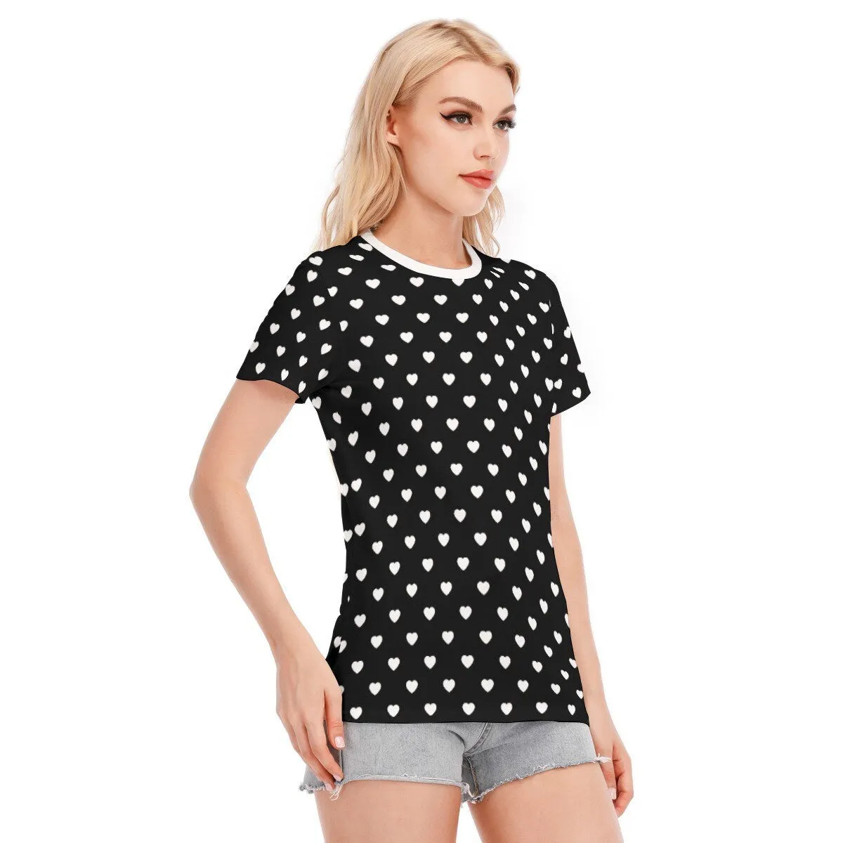 Womens T-shirt, Heart Polka Dot Top,Polka Dot Tshirt, Black Polka Dot Top, Retro T-shirt, Heart Print T-shirt, Heart Pattern T-shirt